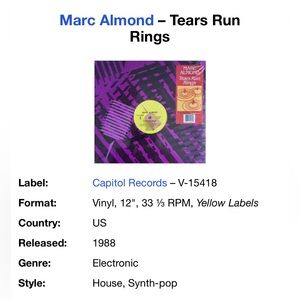 Vinyl Marc Almond Tears run rings Exc. condition 80s Rare